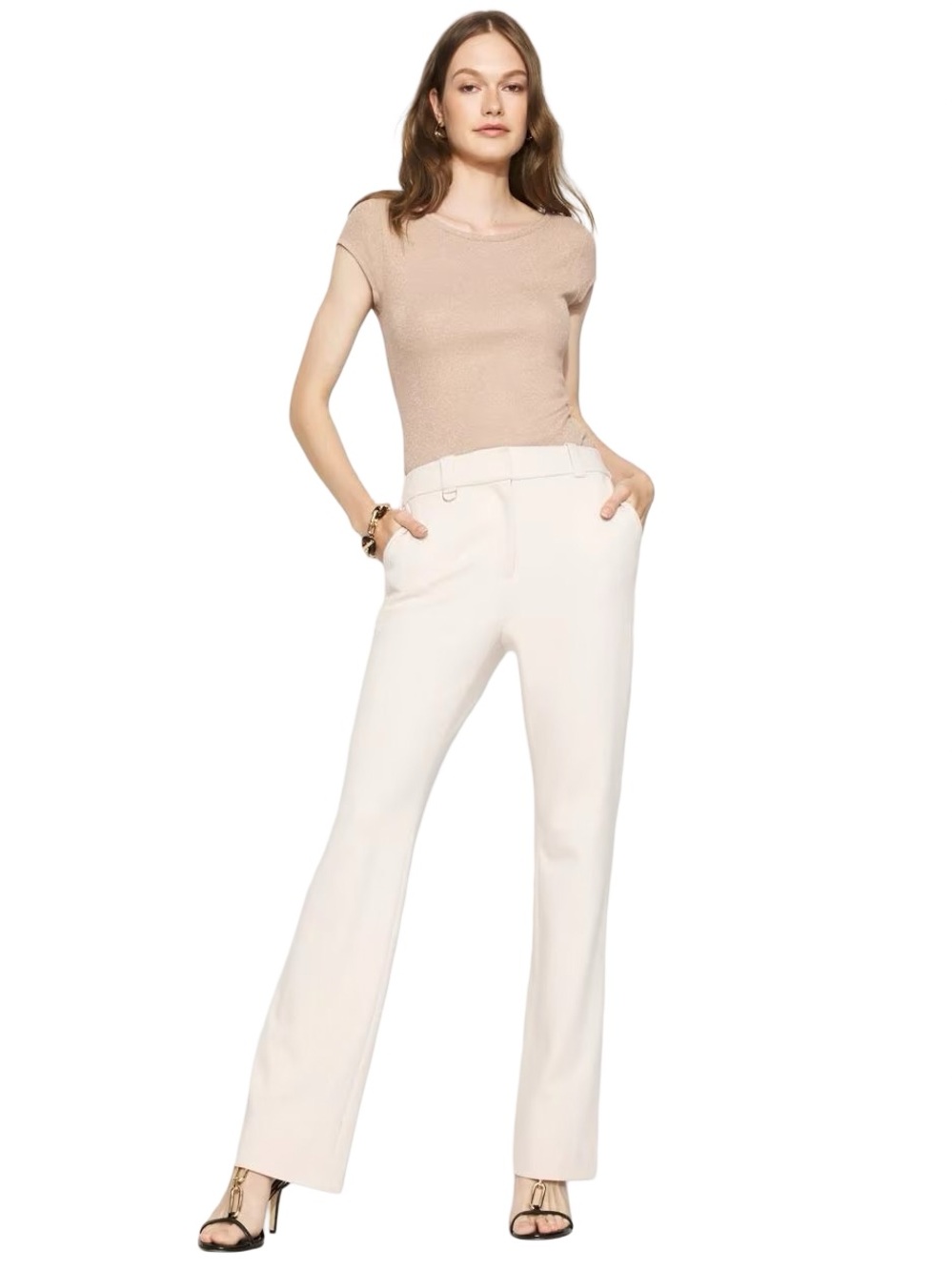 WHBM NWT Women’s RARE Slim Leg Blake Pants in Cream with Gold Hardware